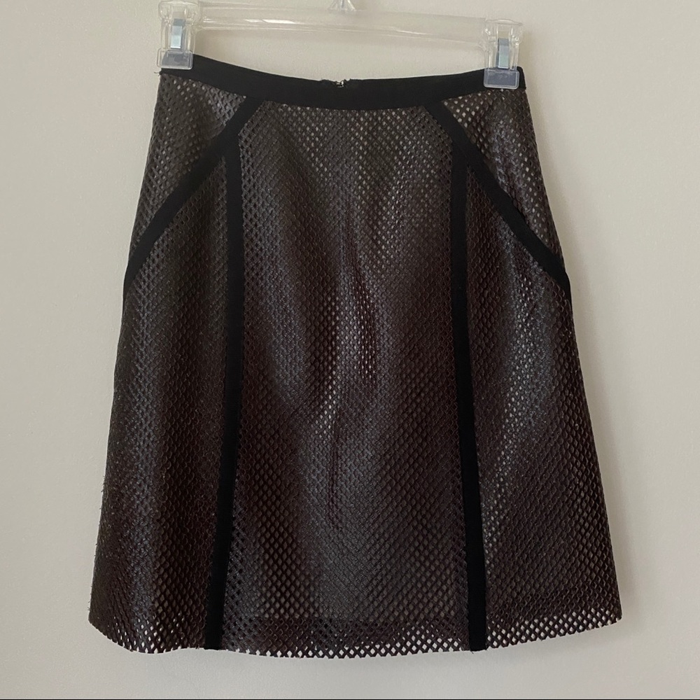 Sachin + Babi Laser Cut Crosshatch Leather A Line Skirt Brown Black size 0